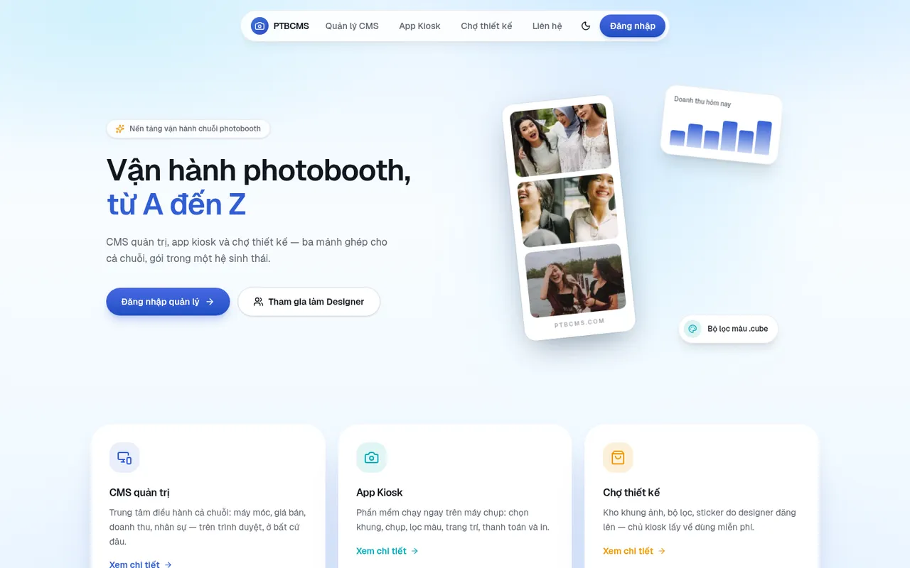 Ảnh chụp PTB CMS — quản lý chuỗi kiosk chụp ảnh